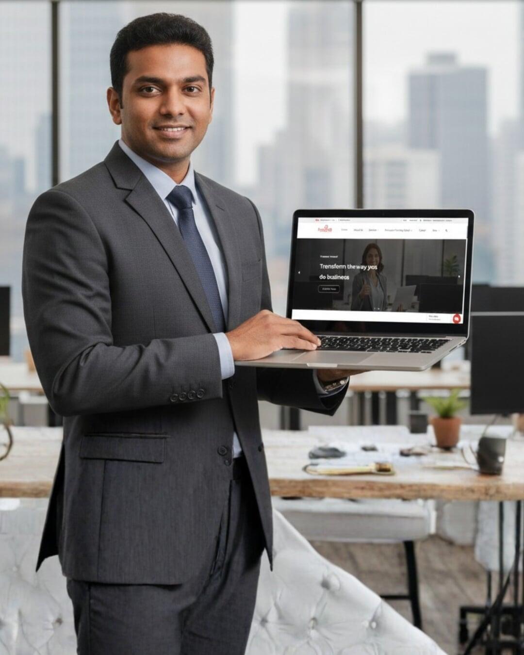 A Man with suited dress showing paddyhill website on laptop